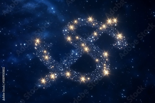 A stunning cosmic representation of a dollar sign formed by twinkling stars against a deep blue galaxy. Constellation, wealth and prosperity sign