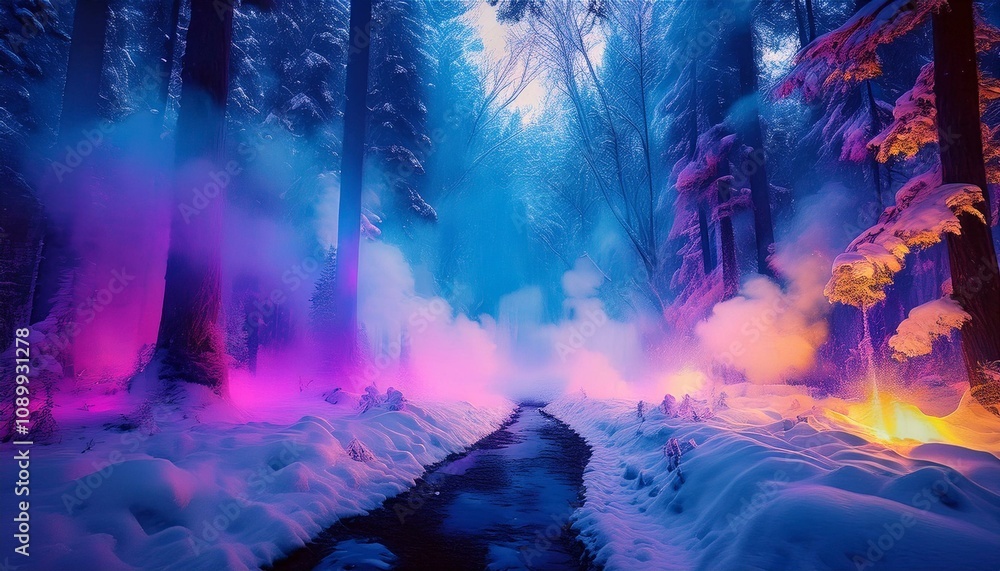 Obraz premium In a winter forest, ethereal smoke in shades of blue, pink, yellow, and light purple weaves through the trees, creating a mystical, dreamlike atmosphere.