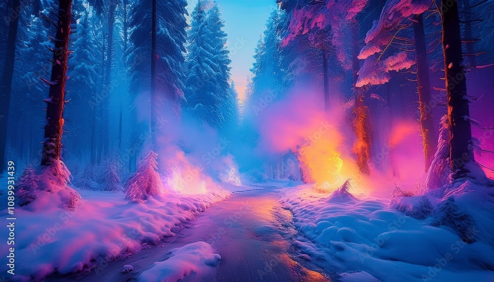 Obraz premium In a winter forest, ethereal smoke in shades of blue, pink, yellow, and light purple weaves through the trees, creating a mystical, dreamlike atmosphere.