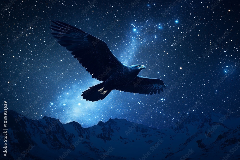 Obraz premium Majestic black eagle soaring through a starry night sky over snow-capped mountains.