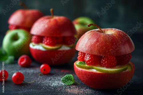 Creative healthy juicy apple burger filled with sliced fresh tropical fruits. Red apple instead of buns. photo