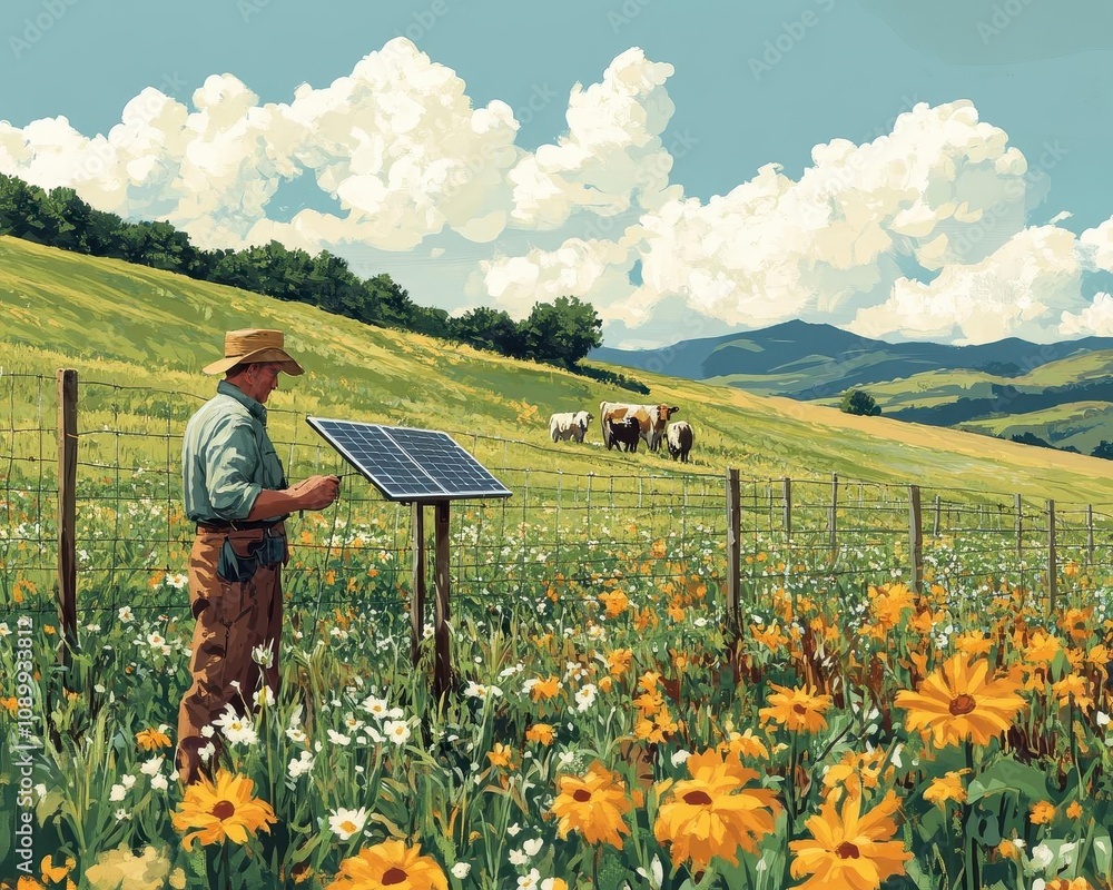 Fototapeta premium A farmer installing a solarpowered electric fence for livestock, Smart Farming, Secure and green
