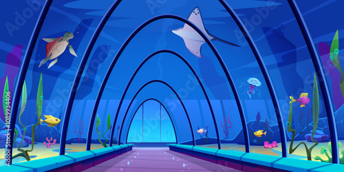 Underwater tunnel in oceanarium, colorful underwater world with fish, algae, corals, turtle, stingray fish. Glass arched dome, aquarium hall, tourist place, educational tour. Vector cartoon.