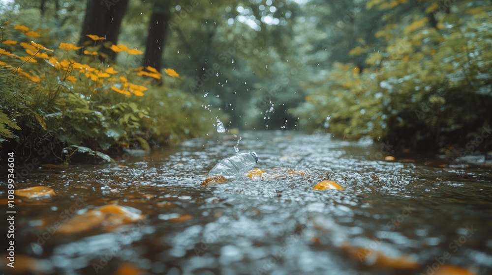 Fototapeta premium Rain falling on stream in forest.