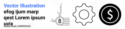 Abstract Bitcoin symbol with circuit, gear cog, and black dollar coin in three separate elements. Ideal for finance, blockchain technology, cryptocurrency, digital economy, investment, business