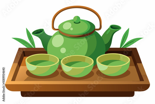 Green tea clay pot and cups on bamboo wood tray isolated over white photo