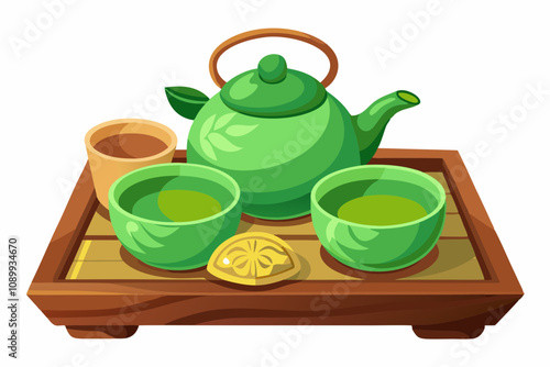 Green tea clay pot and cups on bamboo wood tray isolated over white