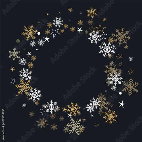 Festive round frame of golden decorative snowflakes on dark background