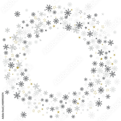 Round silver frame or border of scatter platinum snowflakes on white background