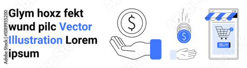 Coins falling into hand, dollar symbol, smartphone with shopping cart. Ideal for e-commerce, online payments, shopping apps, financial services, digital marketing, mobile commerce, user interfaces