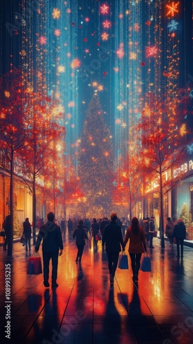 Holiday shoppers stroll under festive lights on vibrant city street with majestic christmas tree and illuminated autumn foliage