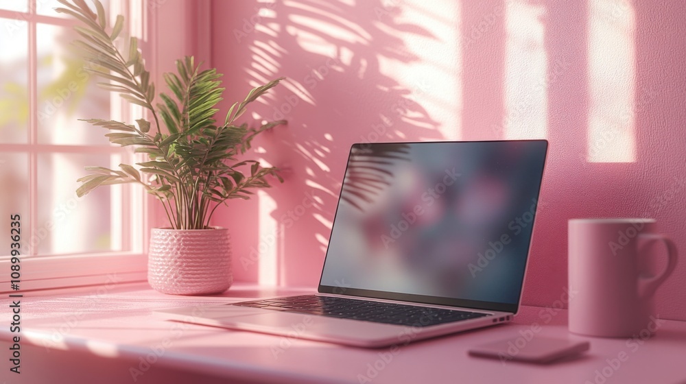 Fototapeta premium Laptop computer sitting on a desk next to a plant and a cup