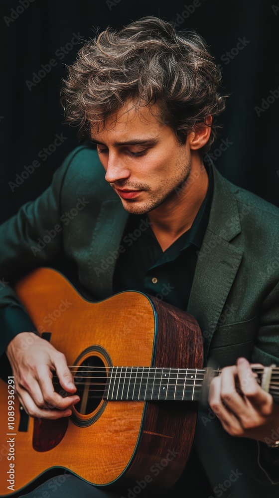 Obraz premium A musician dressed in formal attire passionately plays an acoustic guitar. He is absorbed in the moment, surrounded by a dark, elegant backdrop that enhances the ambiance