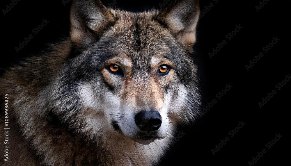 Fototapeta premium majestic adult wolf portrait on deep black background piercing eyes detailed fur texture