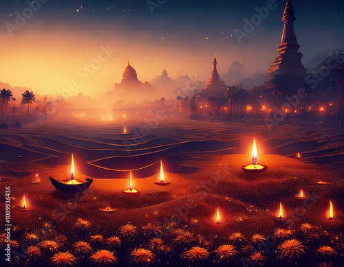 A beautiful landscape during Diwali celebrations, with glowing candles illuminating the scene, creating a warm and festive atmosphere, highlighting the beauty of the traditional festival of lights. photo