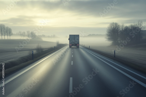 A big blue truck and a white trailer with space for text on the countryside road against photo