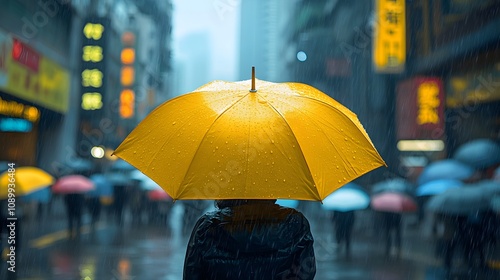 Wallpaper Mural A yellow umbrella raised high against a backdrop of dark, rain-soaked umbrellas, highlighting its contrast in a gloomy urban downpour Torontodigital.ca