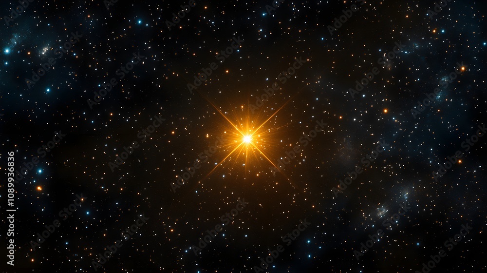 Fototapeta premium Bright star glowing amidst a dark, star-filled sky, highlighting uniqueness and brilliance in simplicity, night sky, brilliance among ordinary