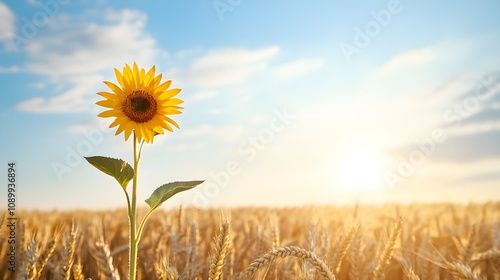 Bright sunflower rising above a uniform field of wheat, facing the radiant sun, while the golden wheat sways humbly below photo