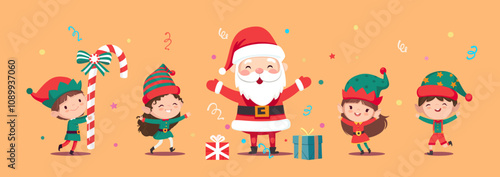 Illustration of Christmas elves and Santa Claus jump and dance joyfully. Set of little Santa's helpers with holiday gifts and decorations. Adorable cartoon characters. Flat vector illustration.