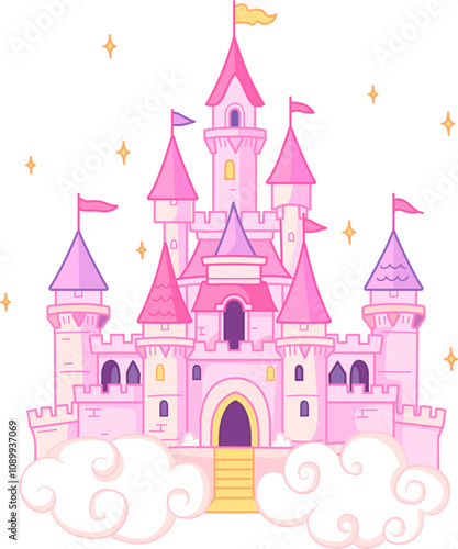 Vector illustration for children with fairy pink castle. Medieval fairytale magical magic fortress fort royal palace. Princess Castle Illustration.