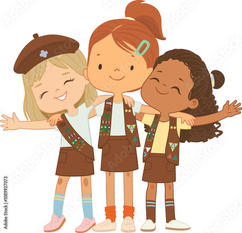 Happy multi ethnic multi aged girls scout hug. Girls Scout happily hug and smile. Girl together. Brownies Girls Scout Uniform