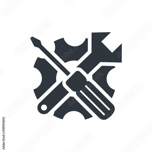 Wrench in a cogwheel icon isolated on white background flat vector illustration. Utility icon