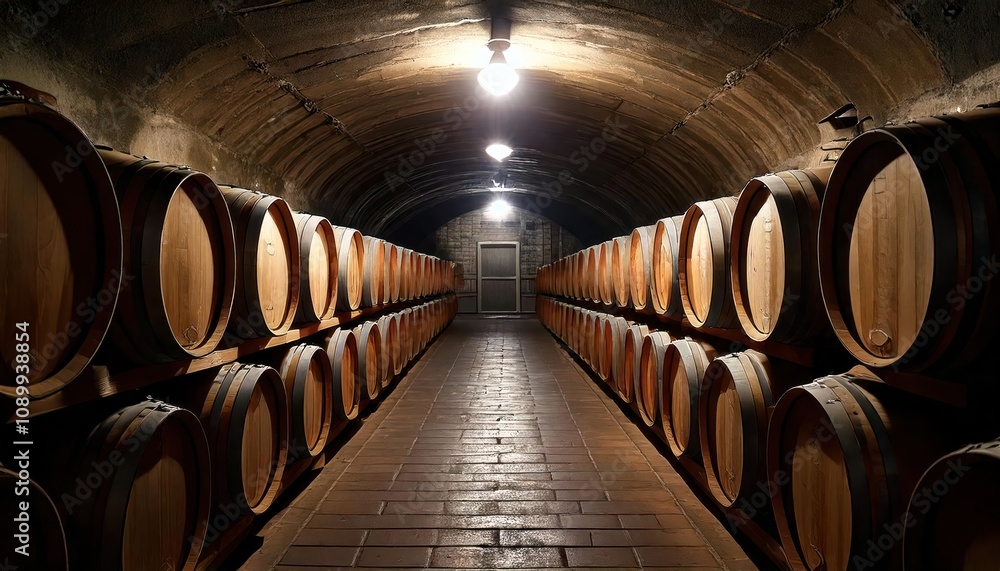 Naklejka premium Rows of Aged Oak Wine Barrels in an Atmospheric Underground Cellar