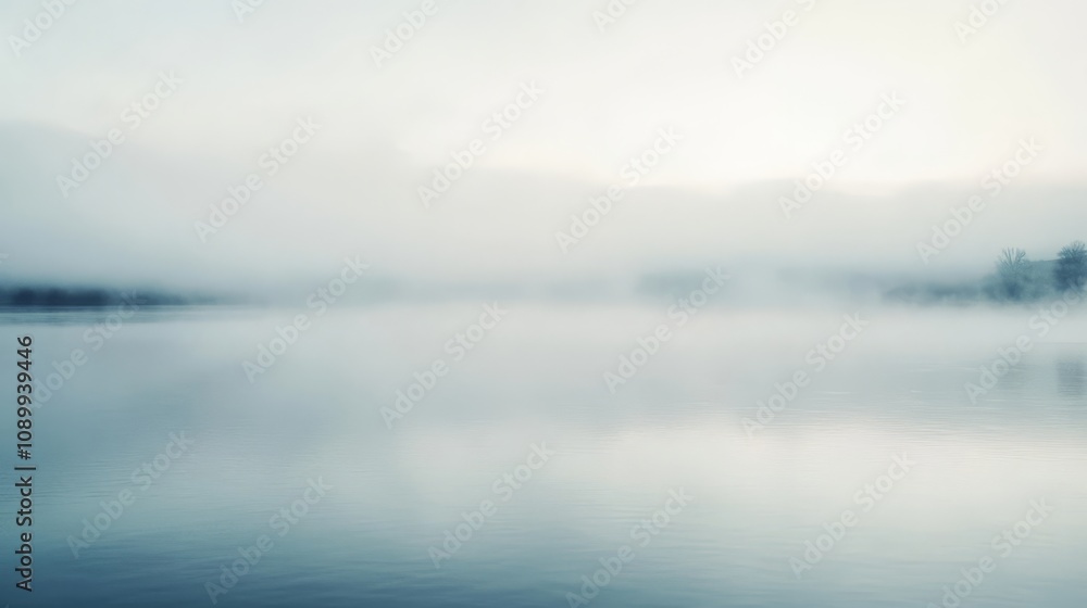 Fototapeta premium Serene misty lake at dawn, calm water reflecting soft light.