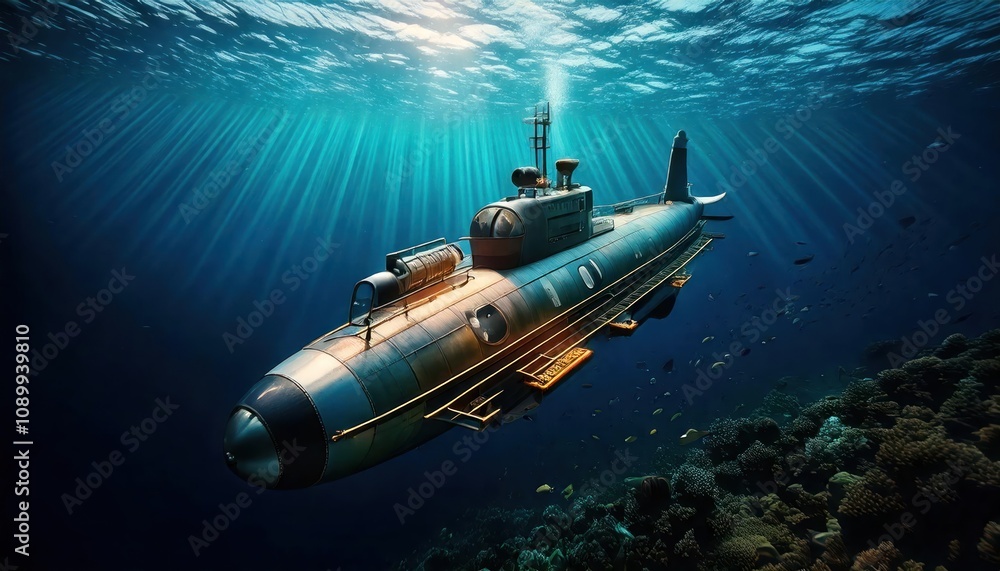 Naklejka premium Submarine Underwater Exploring the Mysterious Depths 