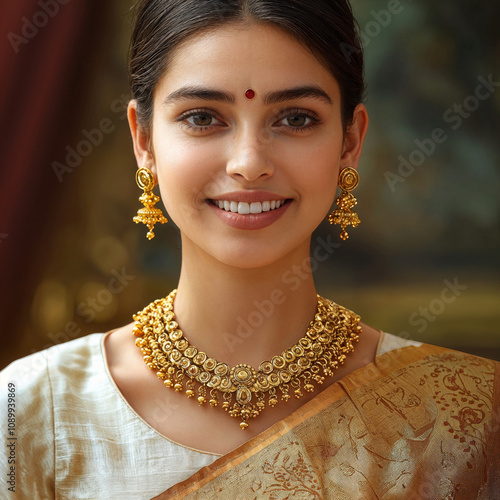 Radiant South Indian Woman Showcasing Intricate Gold Jewelry And Elegance generative ai photo