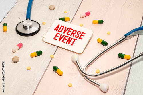 Fotografia Stethoscope and clipboard with ADVERSE EVENT text on white sheet of paper