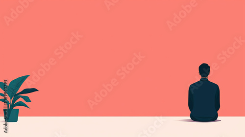 Social  isolation: withdrawn individual sitting against pink wall, reflecting.  withdrawal withdrawn individual sitting against pink wall, reflecting photo