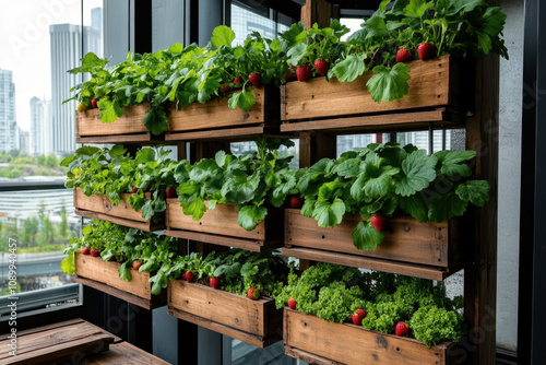 Vegetable garden. A vertical garden featuring lush green plants and red strawberries in wooden planters, set against a modern city backdrop. photo