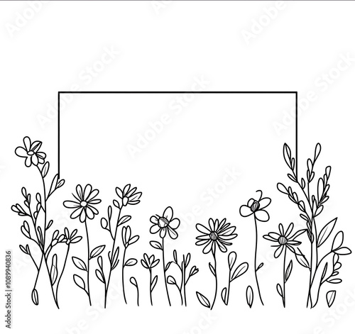 A simple doodle of wildflowers growing in the bottom half outlined with black lines on a white background The flowers include daisies and small greenery like leaves or v photo