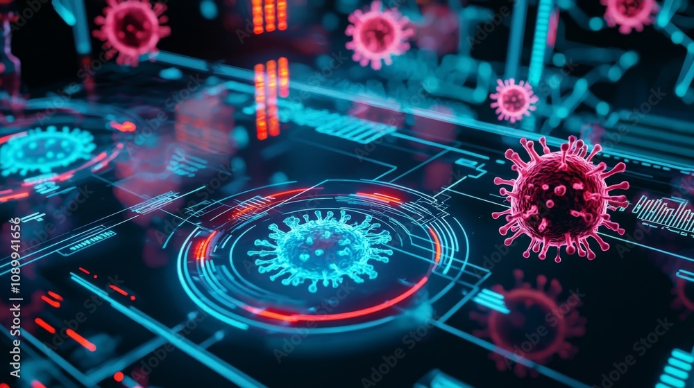 Fototapeta premium A futuristic warning system activating a virus alert, with holographic displays and intense colors