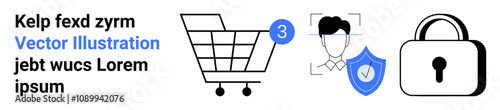Shopping cart, person identification with facial recognition and shield, lock symbol. Ideal for e-commerce, online shopping, security, user verification, privacy protection, digital authentication