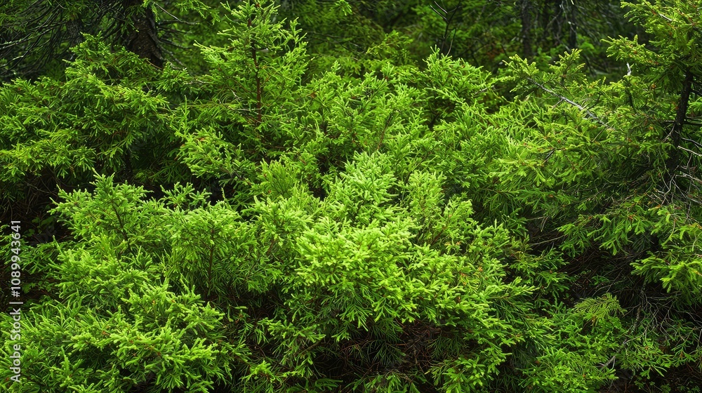 Obraz premium Lush Dense Coniferous Forest Featuring Vibrant Evergreen Trees in a Natural Habitat, Showcasing the Beauty of Green Foliage and Woodland Ecosystem