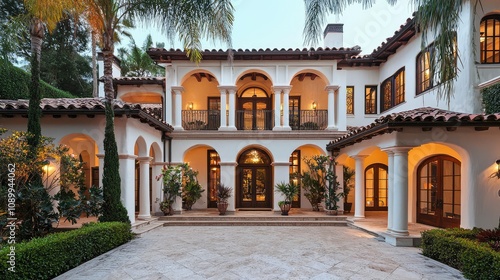 Stunning Grand Spanish Colonial Revival Residence with Elegant Architecture Surrounded by Lush Landscaping and Inviting Outdoor Spaces photo