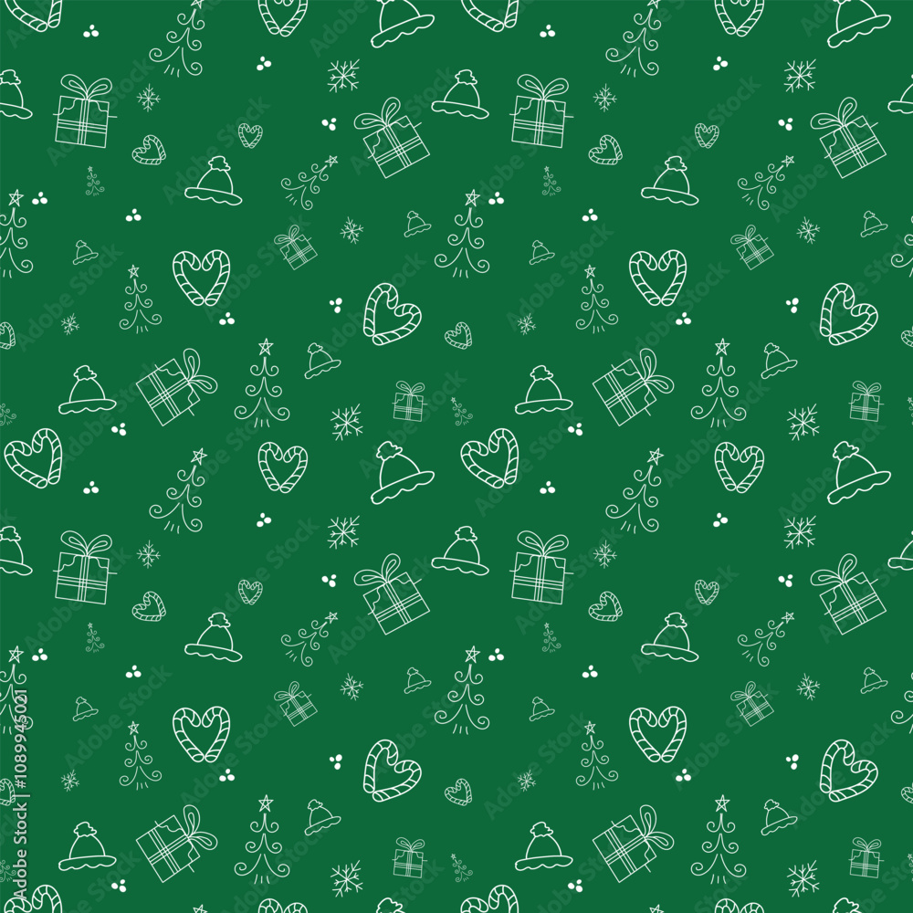 Naklejka premium New Year pattern on a green background Christmas pattern with soft white elements