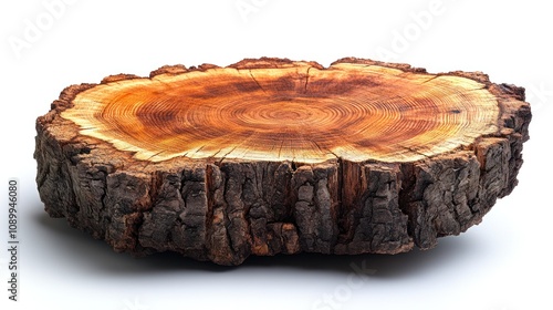 Rustic wood slice, tree trunk cross-section isolated on white. photo