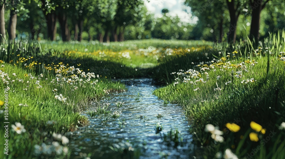 Fototapeta premium Serene Meadow Landscape with Gentle Stream Flowing Through Lush Green Grass and Vibrant Wildflowers in a Peaceful Natural Setting