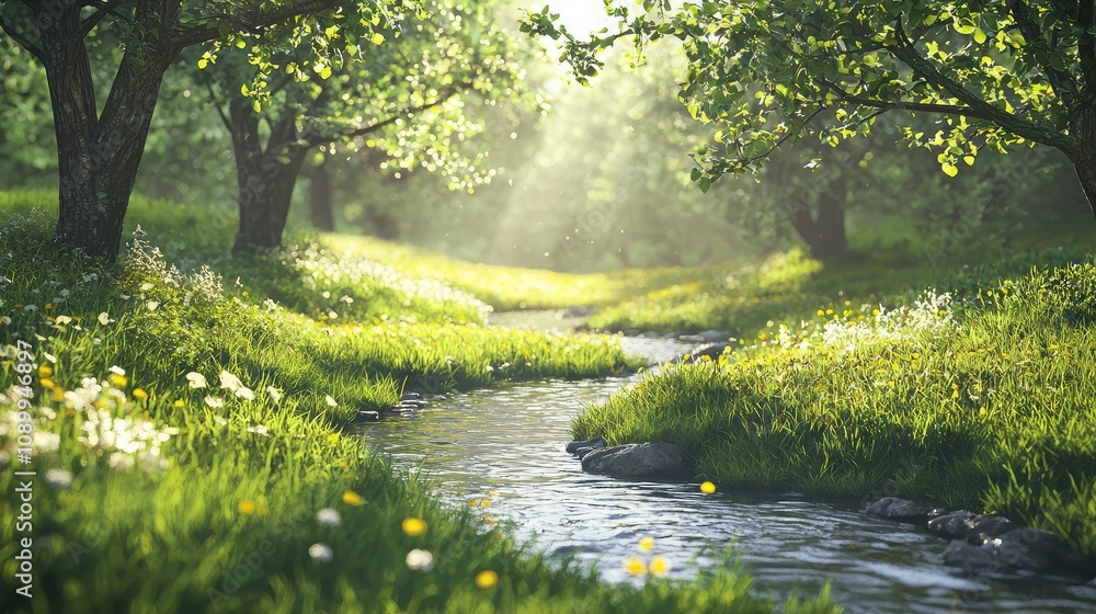 Fototapeta premium Serene Meadow Scene with a Gentle Stream Flowing Through Lush Green Grass and Sunlit Trees in a Tranquil Natural Setting