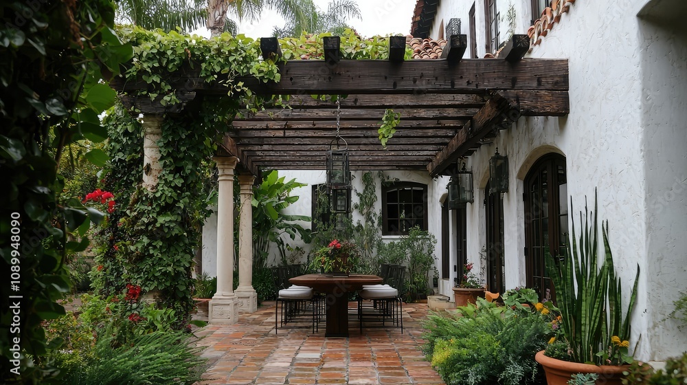 Fototapeta premium Serene Outdoor Space Featuring Spanish Colonial Revival Architecture with Lush Greenery and Rustic Wooden Beams Set in a Tranquil Environment