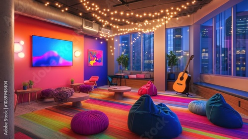 Cozy and Colorful Lounge Area with Bright Lighting, Plush Seating, and a Relaxing Atmosphere for Collaboration, Gatherings, and Creative Workspaces in an Urban Setting photo