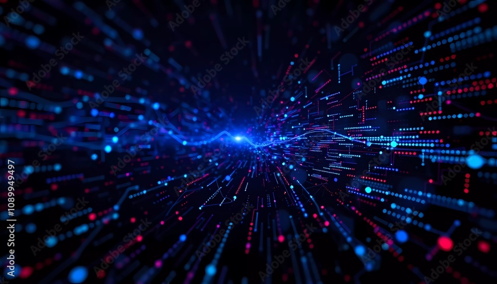 Obraz premium A dynamic and colorful representation of data flowing through a digital space, showcasing vibrant blue, red, and pink elements. Generative AI