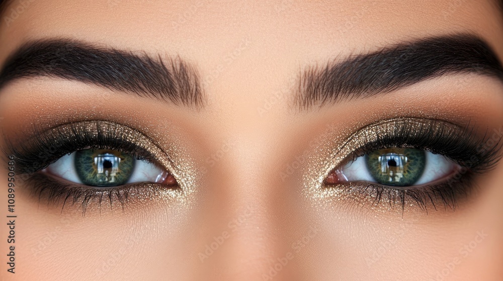 Obraz premium Close-Up of Mesmerizing Eyes with Glittery Makeup Featuring Golden and Brown Tones Highlighting Intense Colors and Luscious Lashes for Beauty and Fashion Themes
