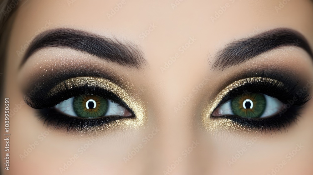 Naklejka premium Close-up View of Stunning Eyes with Dramatic Makeup Featuring Gold and Black Eyeshadow Creating a Glamorous and Captivating Look