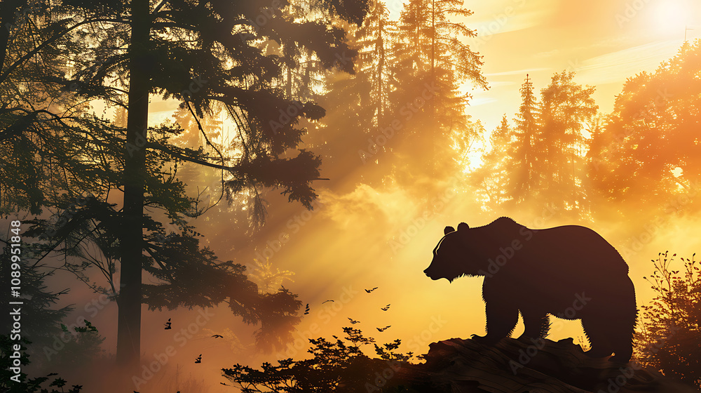 Naklejka premium Majestic Bear Silhouetted Against Golden Sunrise in Misty Forest Landscape, Capturing Wildlife Serenity and Natural Beauty at Dawn