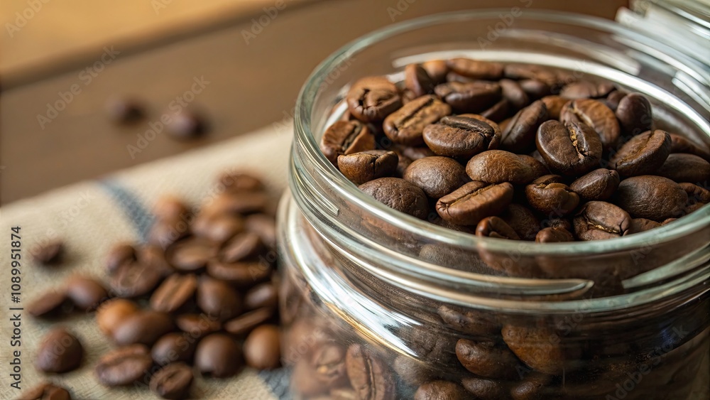 Fototapeta premium Close-up shot of mixing fresh roasted coffee beans in a glass jar , coffee beans, roast, stirring, mixing, aroma, brewing, fresh